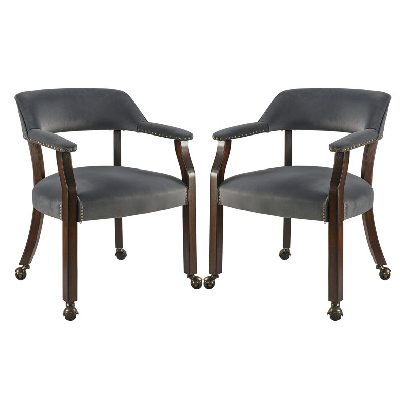 Wexford Collection Mid-Century Modern Upholstered Fabric Dining Chair, Wood Accent Chair with Arms and Casters for Dining Room, Vanity or Office, Velvet-Look Black Dining Chair