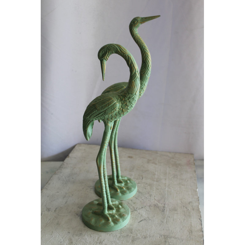 Pair of Green Patina Aluminum Crane Sculptures 24" x 14" x 42"H