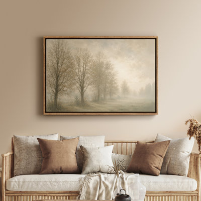 Art mural sur toile encadrée - Chemin boisé brumeux avec arbres dénudés et tons neutres doux - 16 po x 24 po