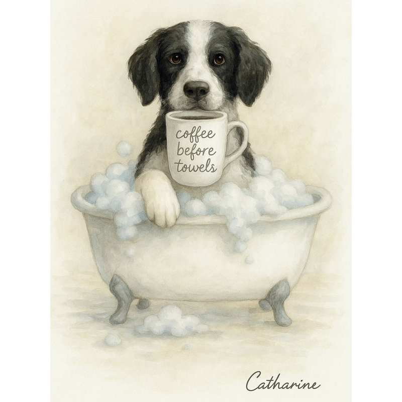 «Coffee devant les serviettes - Chien dans la baignoire», art mural sur toile tendue