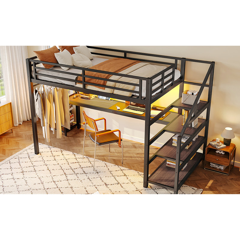 Black Twin Xl Loft Bed With Built - In Desk, Storage Stairs, Led Lighting, Ports, Iron Nets, Stable And Quiet, Metal Storage, Lights, Charging Frame, Noise ,