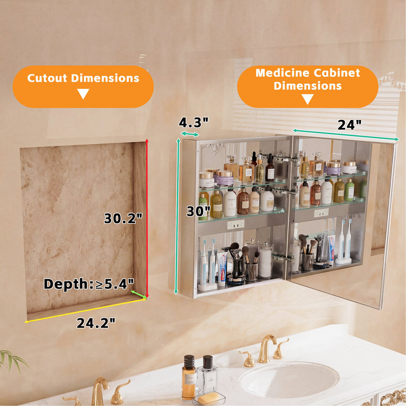 24" W X 30" H Bathroom Medicine Cabinet With LED Vanity Mirror, Adjustable Light, Time & Room Temperature Display, Wall Mounted Bathroom Mirror With Storage, Adjustable Shelves