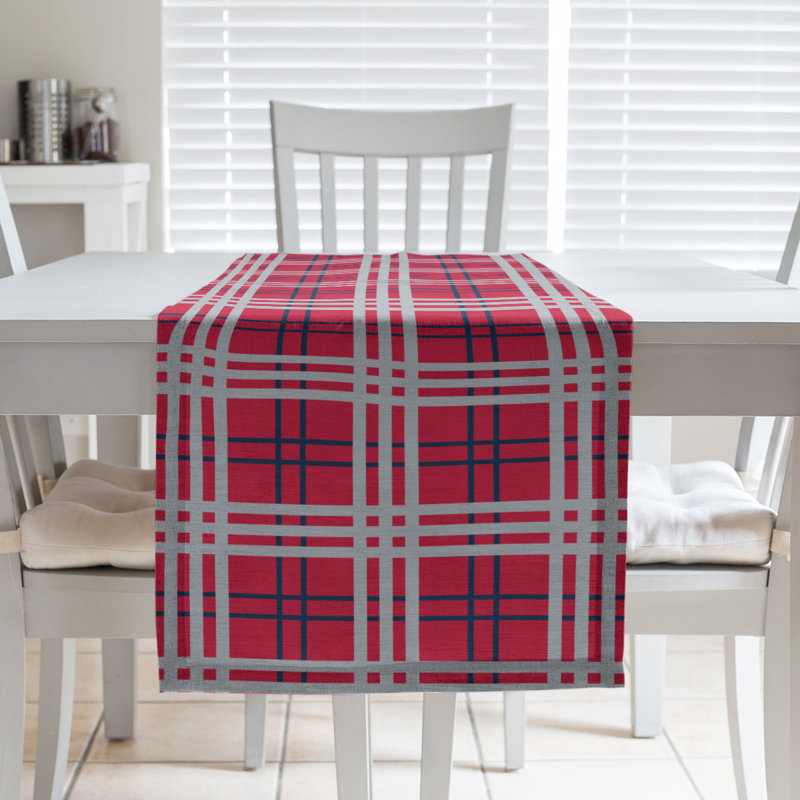 Chemin de table en polyester payant, L 90 po x l 16 po, Rouge / bleu nautique / argent nouveau siècle