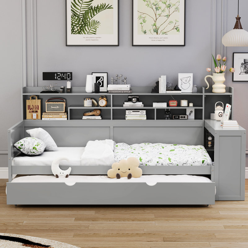 Multi - Functional Twin Gray Bed With Study Desk, Trundle, And Space Saving Storage Storage, Desk For Bedroom, Twin
