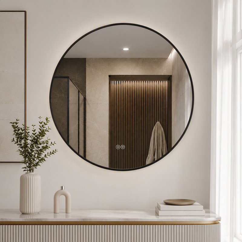 Miroir de salle de bain rond de 28 pouces avec cadre en aluminium noir, éclairage DEL à intensité variable et traitement antibuée