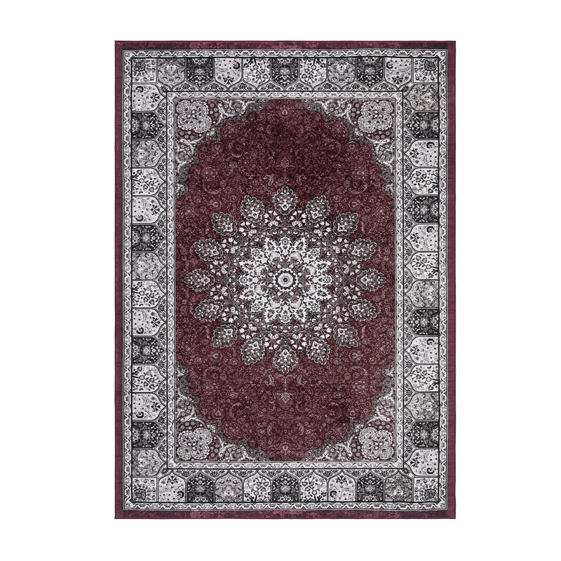 9'x12' Washable Vintage Floral Area Rug, Non-Slip Distressed Indoor Carpet for Living Room Bedroom, Rust Red, Red