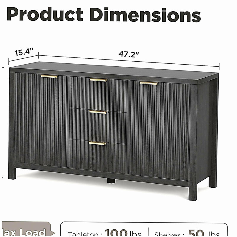 Sideboard Storage Cabinet, Fluted Credenza Buffet Cabinet with Two Doors and Three Drawers for Kitchen and Living Room, Black