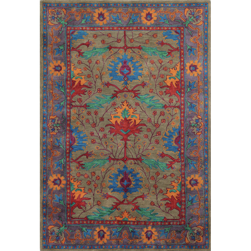 Tapis bleu / rouge / vert / jaune en laine touffeté à la main Earna, Rectangle 7 pi 9 po x 9 pi 9 po