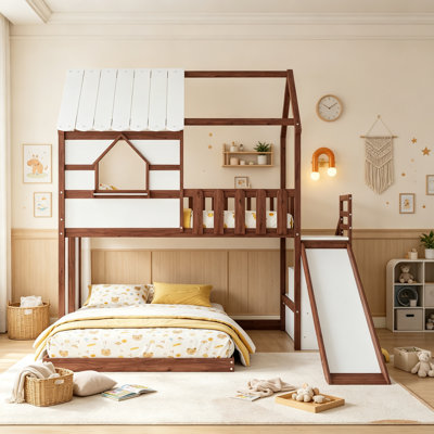 Kids House Bunk Bed with Slide and Storage Stairs, Pine Wood Bunk Bed with Low Floor Lower Bed and Window for Playroom, Twin Over Full Size, Walnut,White