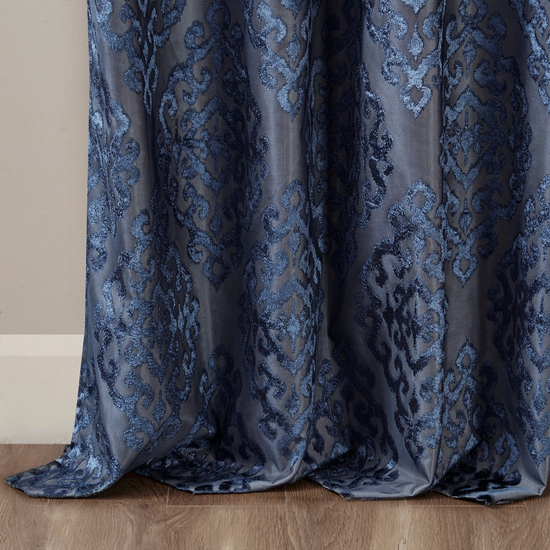 Rideau tricoté en jacquard damassé occultant avec œillets (seulement 1 panneau PC), Bleu marine, L 10,24 po x H 9,84 po
