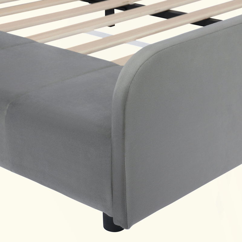Upholstered Grounded Bed, Mother & Child Bed With Bedside Desk And Little Round Stool, Velvet, Gray, Full