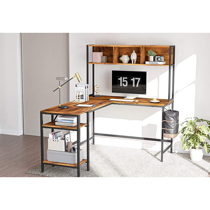 Emarri L-Shaped Stainless Steel Computer Desk, Dark Rustic