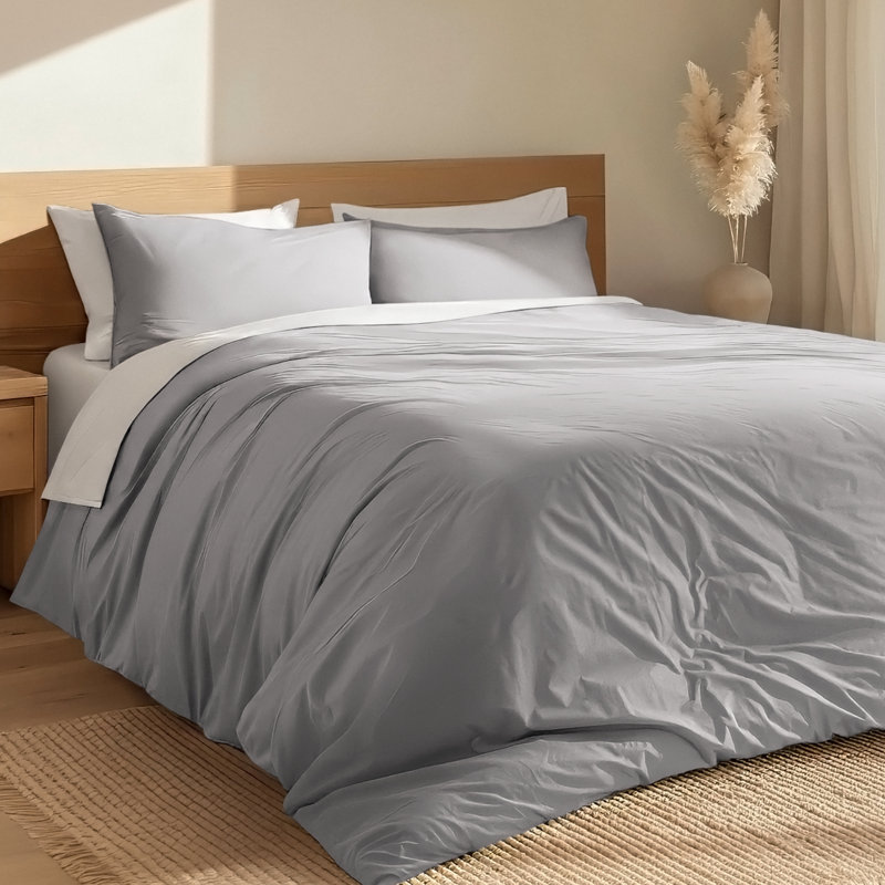 100% Cotton Duvet Set – Crisp Percale Weave – Lightweight & Breathable, Light Gray