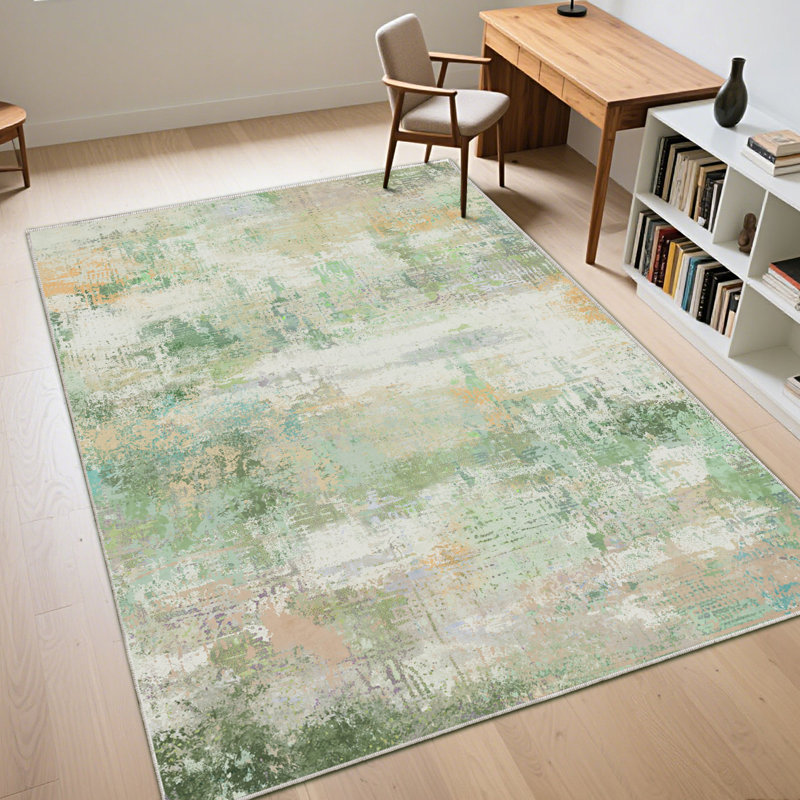 5x7 Abstract Rug for Living Room, Green Low Pile Throw Rugs with Rubber Backing, Performance Rug for Bedroom, Dining Room, Modern Rug for Home Decor, Washable Indoor Outdoor Rugs, Ideal For High Traffic Areas
