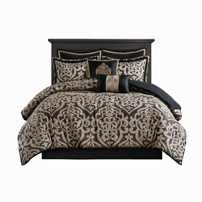 Ensemble de couette 8 pièces en jacquard brodé damas, taille Queen, Édredon grand + 7 pièces supplémentaires
