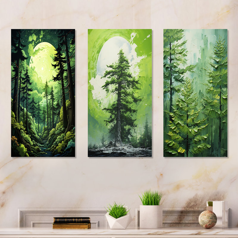 «Neon Green», séquoia, arbres, forêt, séquoia, ensemble d'art mural en métal, 3 pièces, H 32 po x l 48 po