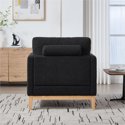 35.4" Wide Modern Farmhouse Black Boucle Accent Chair, Natural Wood Legs Single Sofa with 2 Bolster Pillows for Living Room Office Lounge