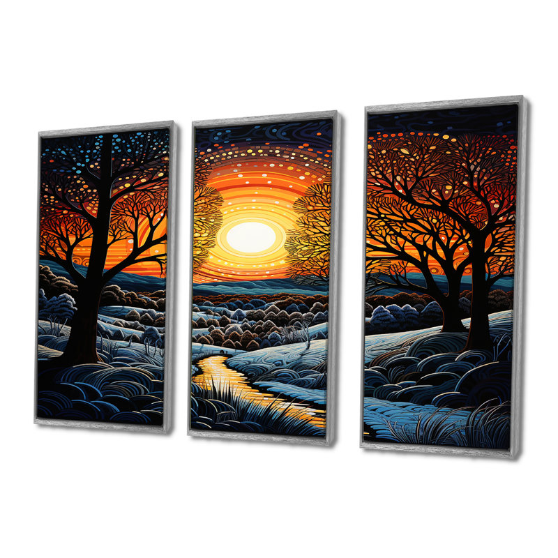 Coucher de soleil dans la forêt d'hiver de Noël - ensemble de décoration murale paysage abstrait, Encadrement argenté
