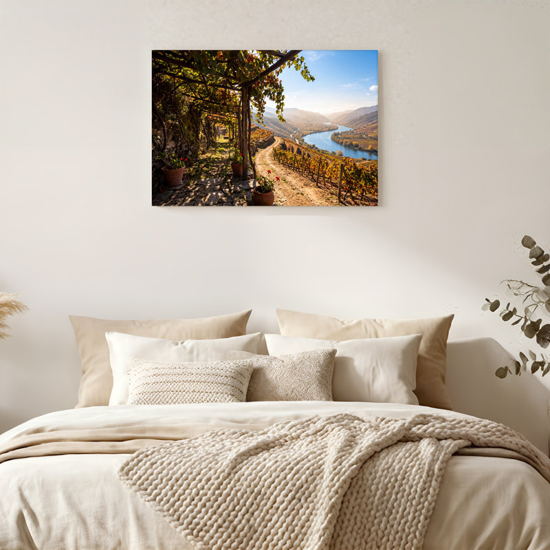 «Vineyard Trellis Path Over donnanting Winding River Valley», art mural, H 12 po x l 18 po