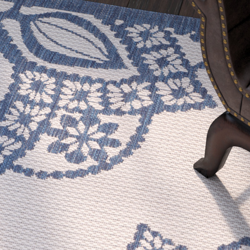 Tapis intérieur / extérieur beige / bleu marine Arneshia, Rond 6 pi 7 po