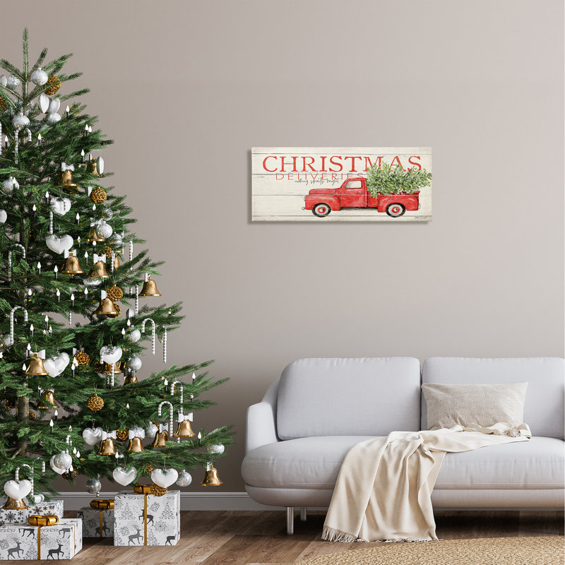 «Christmas Deliveries», camion rouge sur toile, H 13 po x l 30 po x P 1,5 po