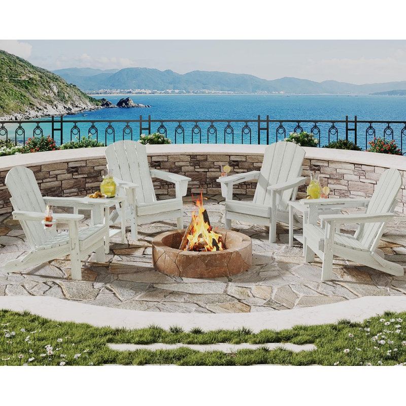 Folding Adirondack Chair Set of 4 with 2 Side Table, HDPE Outdoor Patio Chair with Cup Holder, All Weather Resistent Wooden Textured for patios, Decks, Gardens, fire Pit, White
