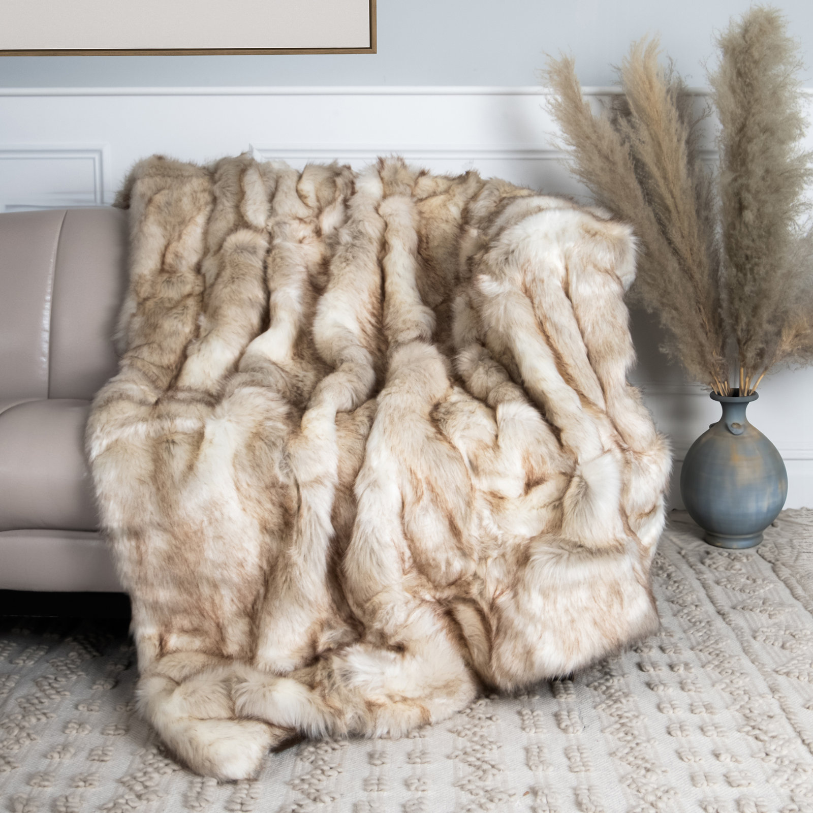 Raegan Faux Fur Throw Blanket, Kitt Fox, 58" W x 60" L