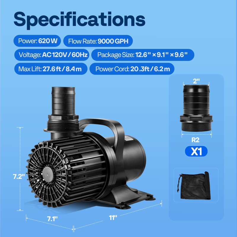 Pompe à eau submersible enfichable avec buse réglable, 620 W, H 10 po x l 7,9 po x P 10,8 po