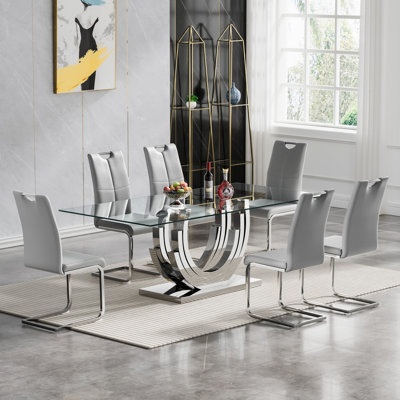 70" Glass Dining Table Set, Clear Glass Dining Table with Stainless Steel Pedestal & Leather Dining Chairs, 70" Rectangle Dining Room Table and Chairs Set, Modern Kitchen Table Set