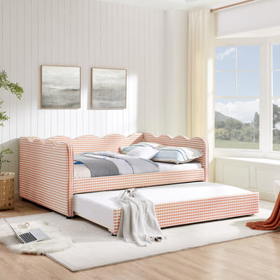 Full Size Cozy Gingham Daybed with Twin Size Trundle No Box Spring Needed, with USB Port and Adorable Wave Shaped, Linen Fabric