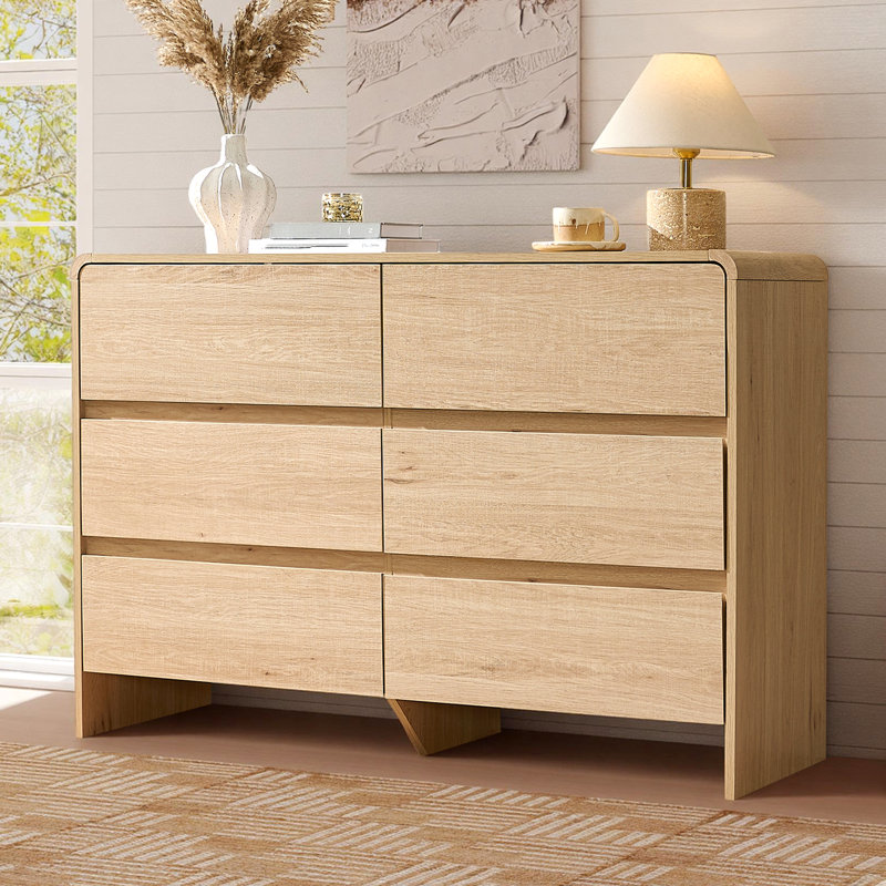 Modern 6-Drawer Dresser with Wood Grain Finish, Tan
