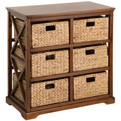 Keathley 6 - Drawer 29.13" W Solid Wood 3 Tier Storage Drawers with 6 Wicker Baskets, Walnut