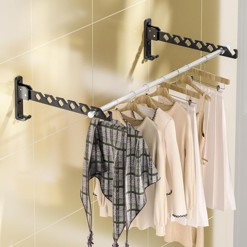 Wall Mount Coat Hanger Holder Black Clothes Drying Organizer Rack Garment Hooks Aluminium Retractable Folding Indoor Wall Mounted Hanger For Laundry Room Bedroom White 2Pack With 80Cm Rod