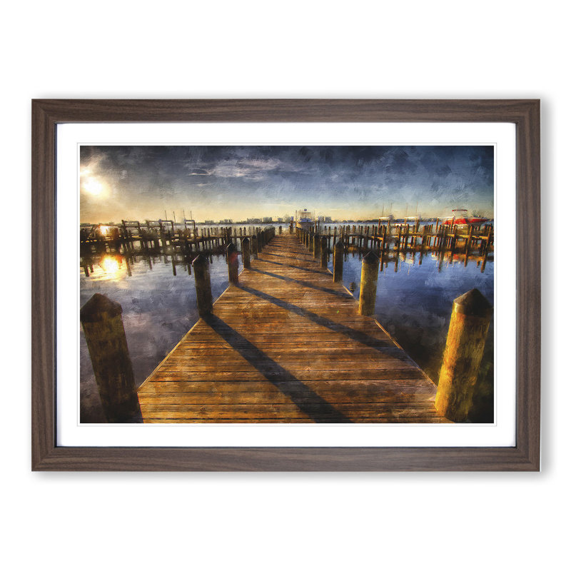 Jetty over the Lake - Picture Frame Painting, 36cm H x 48cm W x 2cm D, Walnut