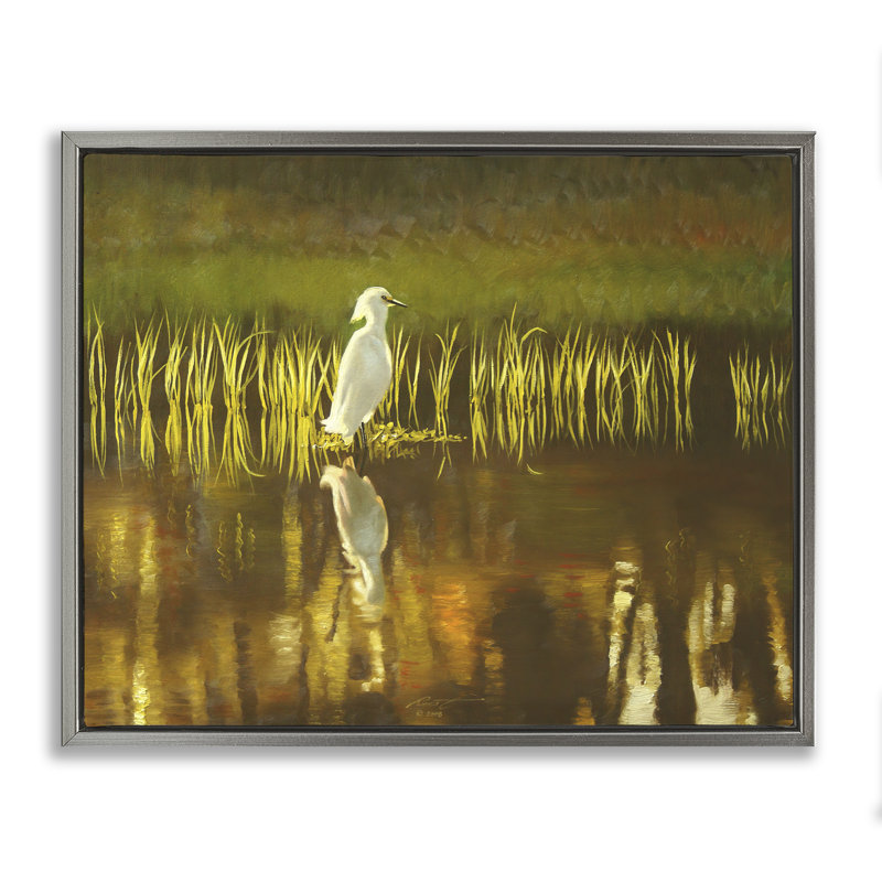 «Bird & Lake Botanicals», art mural sur toile par D. Rust, Cadre flottant gris lustré, H 25 po x l 31 po