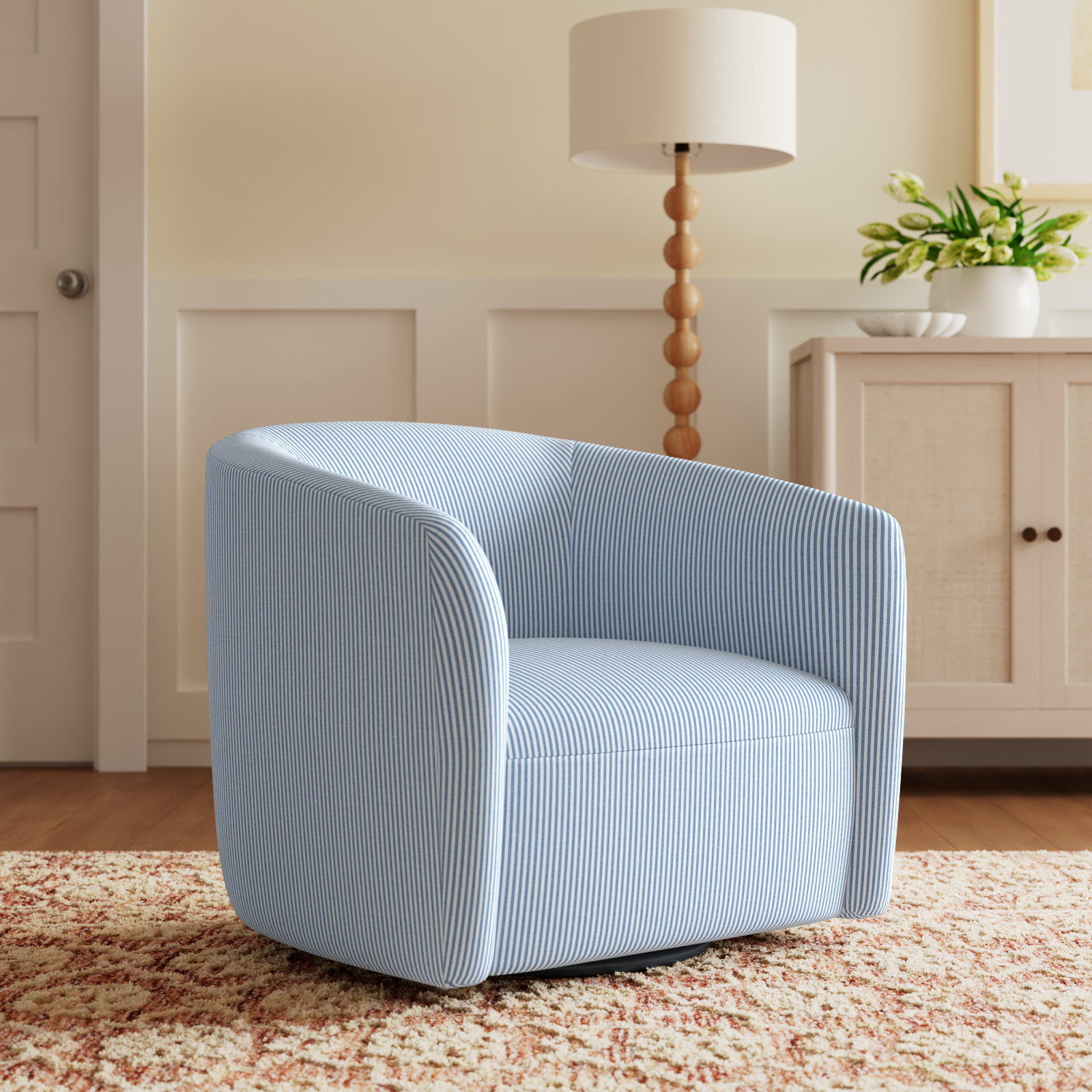 Marita Swivel Barrel Chair, Prep Stripe Blue