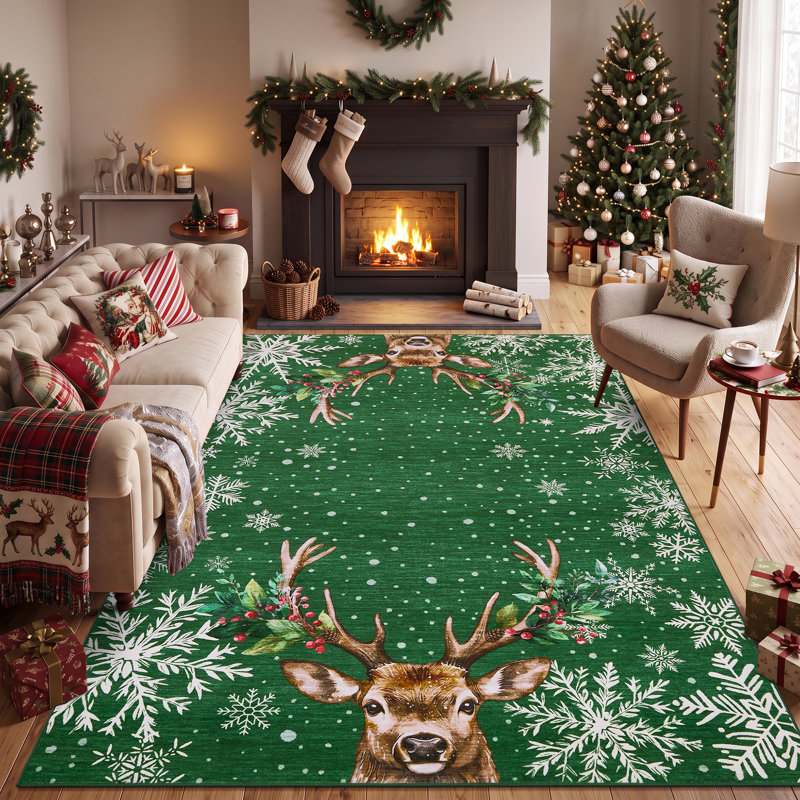 Tapis de Noël à motifs de rennes et de flocons de neige, antidérapant, antitache, lavable à la machine, pliable, idéal pour la décoration intérieure des fêtes de fin d'année.