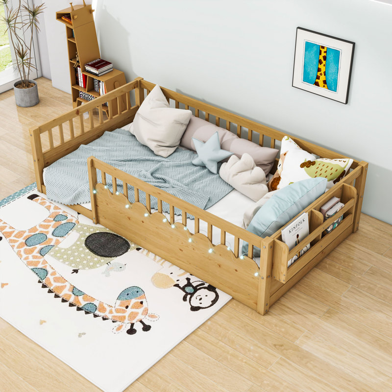 Wood Montessori Floor Bed With Light And Guardrails, Natural, Twin