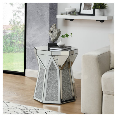 Drum Style Polygonal Mirror Coffee Table with Crystal Inlay, Silver Finish Square Accent Table