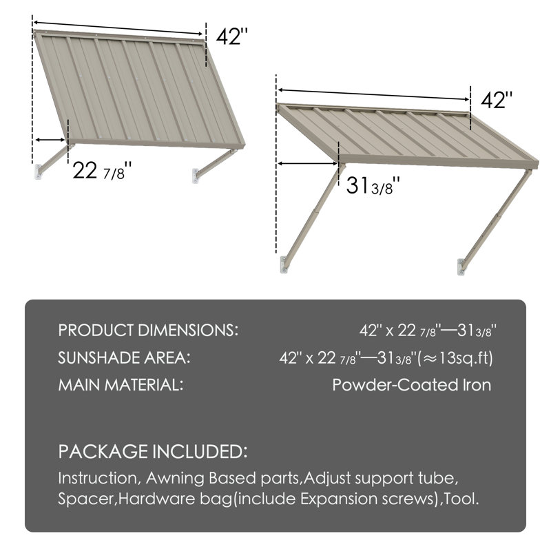 Kozyard Adjustable Door Window Awning – 4-Level Tilt, 42" W × 32" Sloped Panel, Adjustable Projection 22"–31", Aluminum Frame & Metal Canopy, All-Weather Rain, Snow & UV Protection  (Khaki)