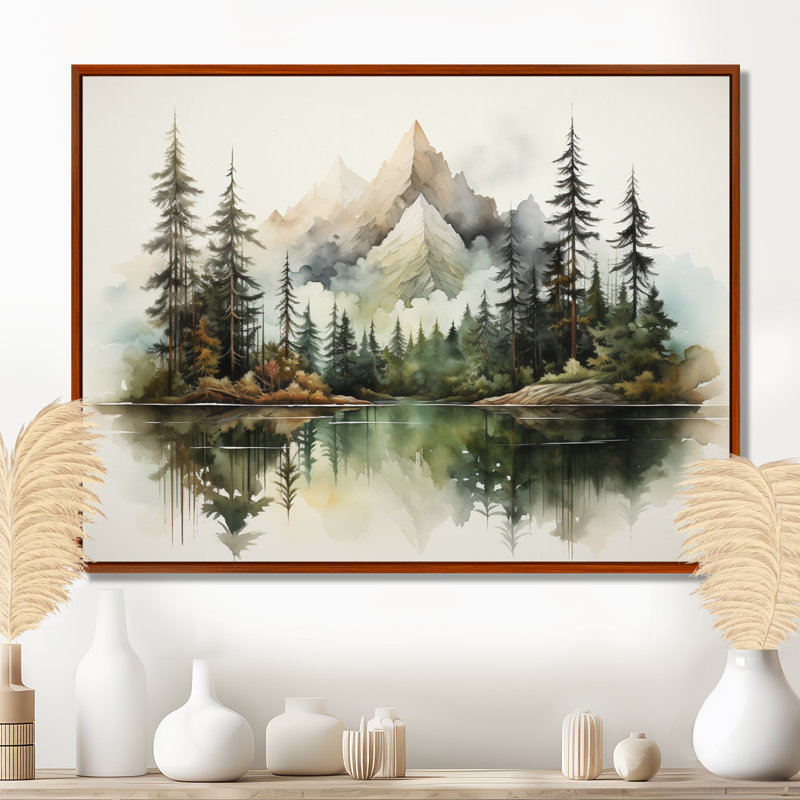 Watercolor Mountain Dreamscape - Art mural montagnes, Cadre flottant brun, H 34 po x l 44 po