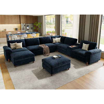 V-Shaped 8 Seat Sectional Couch With Versatile Charging Console, Cupholders & Washable Movable Covers, Chenille In Navy