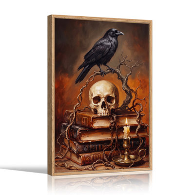 Black Raven Perched on Skull and Vintage Books Halloween Canvas Wall Art