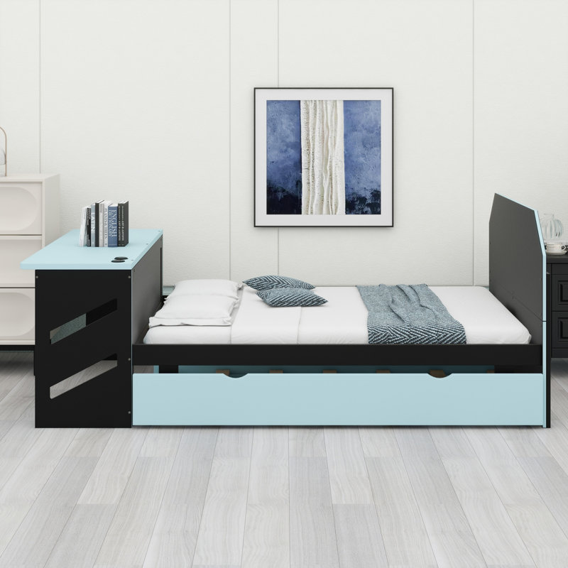 Lit de jour en bois avec lit gigogne simple, bureau et port USB, Bleu nuage