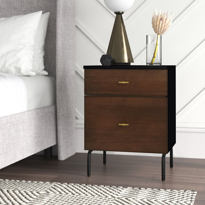 Elegant Linaris 18'' W Nightstand – Mid-Century Modern Rustic 2-Drawer Wood Table with Gold Handles, Walnut/Black