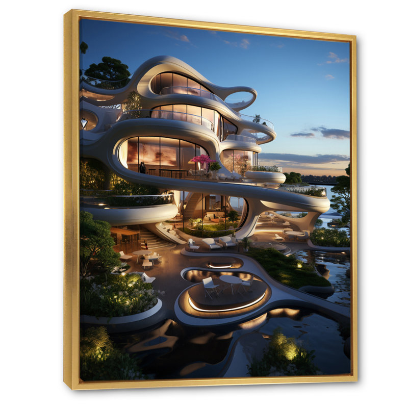 Futuriste architecture IV - reproduction sur toile, H 32 po x l 16 po x P 1 po, Cadre flottant doré