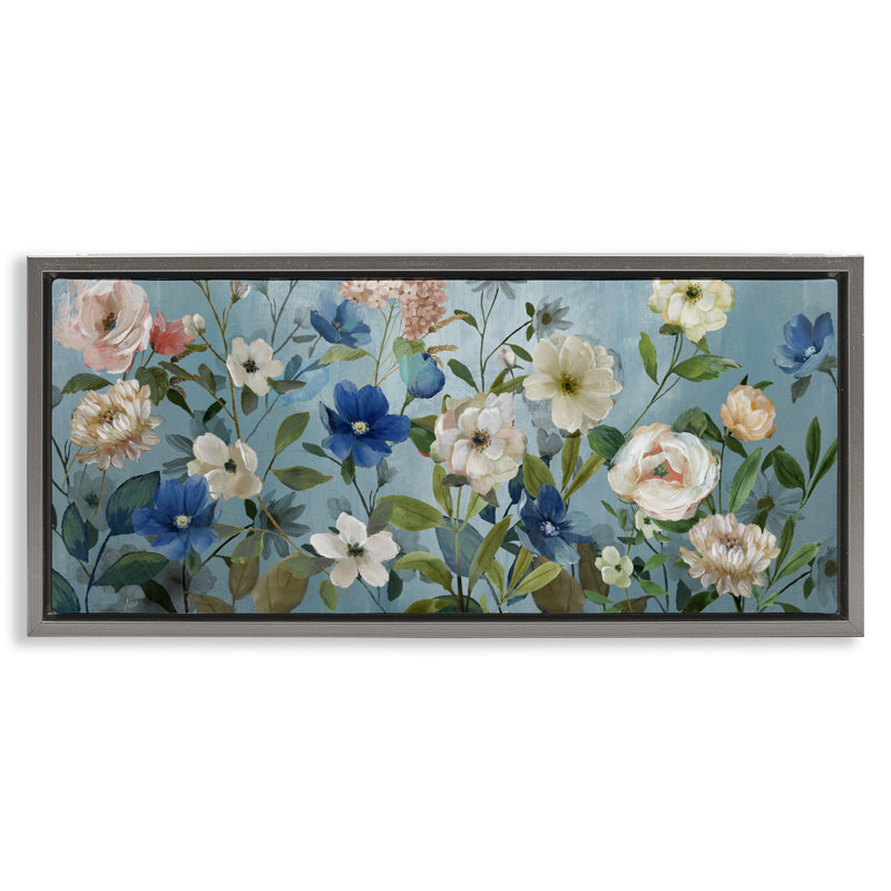 Fleurs de jardin mixtes sur fond bleu, Cadre flottant gris lustré, H 14 po x l 31 po