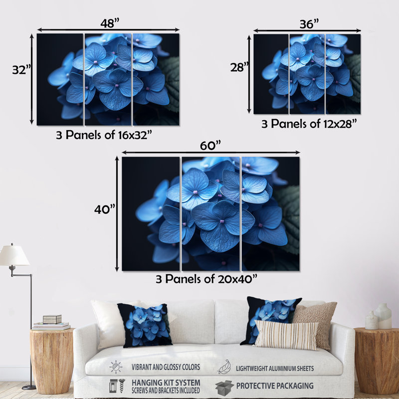 Nirvana bleu, bleu, hortensia, Métal métal, H 40 po x l 60 po x P 1 po
