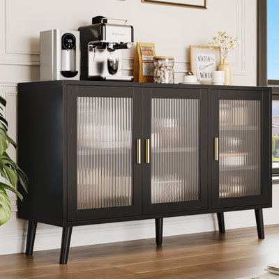 48" Large Storage Cabinet, TV Console for Living Room, Modern TV Consoles Stand Cabinet with 3 Glass Doors, Black TV Cabinet