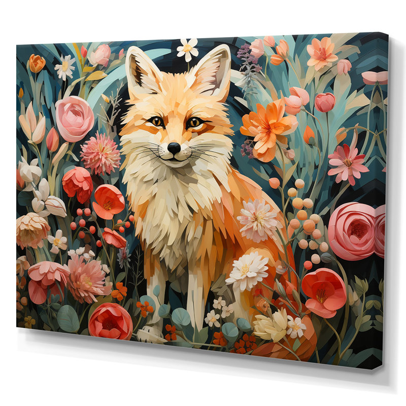 Art mural orange et rose renard dans le style III - renard, Toile tendue, H 34 po x l 44 po x P 1,5 po
